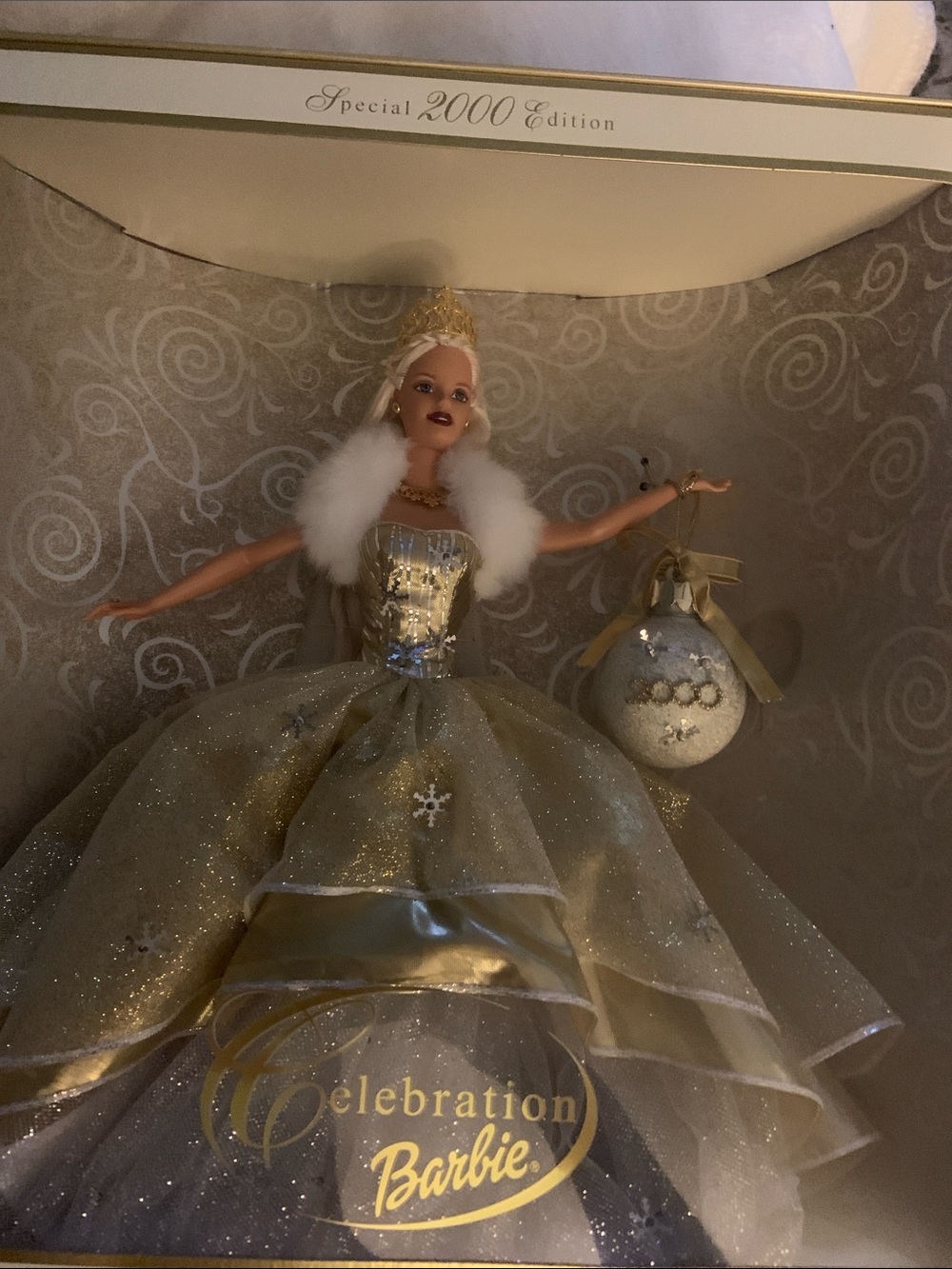 Barbie Gold Glitter Ball Gown with White Fur Collar - Picture 2 of 6